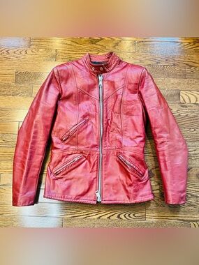 Women’s Red Leather Moto Jacket with Zip Front